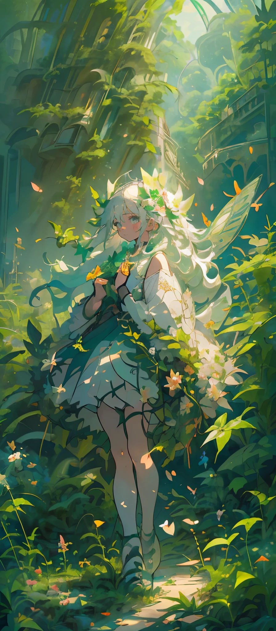 (Mastepiece), (Best Quality), Very detailed, 1 girl, (Solo full body shot:1.4), Perfect Face, beautiful girl, Very detailedな顔,(Long white hair:1.5),(Green Eyes:1.4),(Lots of erflies々:1.2)、(Abandoned City、Plants、Flower Field:1.4)、(Lots of petals:1.3)、(:1.3)、Fairy、mysterious、Fantasy、beautiful、beautiful