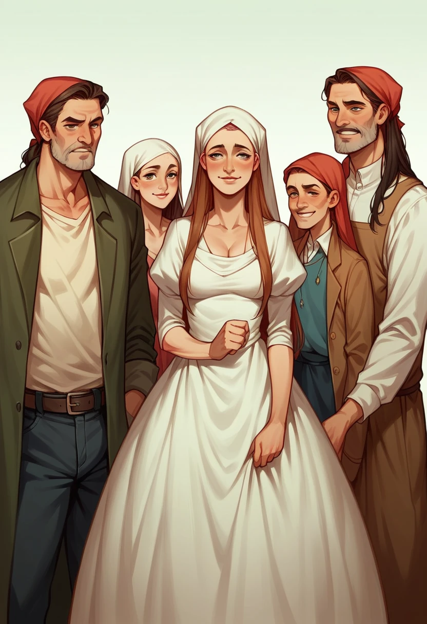 Take a family photo (5 people), a father, mother, and 2 beautiful daughters in their 20s (not wearing a headscarf, long hair, dressed modestly & fashionably), and one son aged 19.