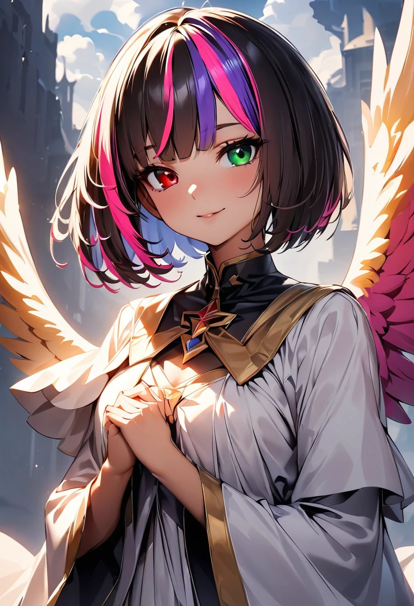 (highest quality:1.2, Very detailed, up to date, Vibrant, Ultra-high resolution, High Contrast, masterpiece:1.2, highest quality, Best aesthetics), Portraiture、girl、solo, (25-years-old:1), slim, heterrochromia, green eye, red eye, (angel-costume:1), small angel_wings, flying in cloud, own hands together, Bright colors、Beautiful fine details、Beautiful lip detail、extra short hair, ((bob cut:1.5))、pink and purple, ((streaked hair:1.9)), (highlights hair: 1.6), (medium breast:0.7), (tan skin:0.5), heaven, divine glory, radiant, (cowboy shot:1.5)