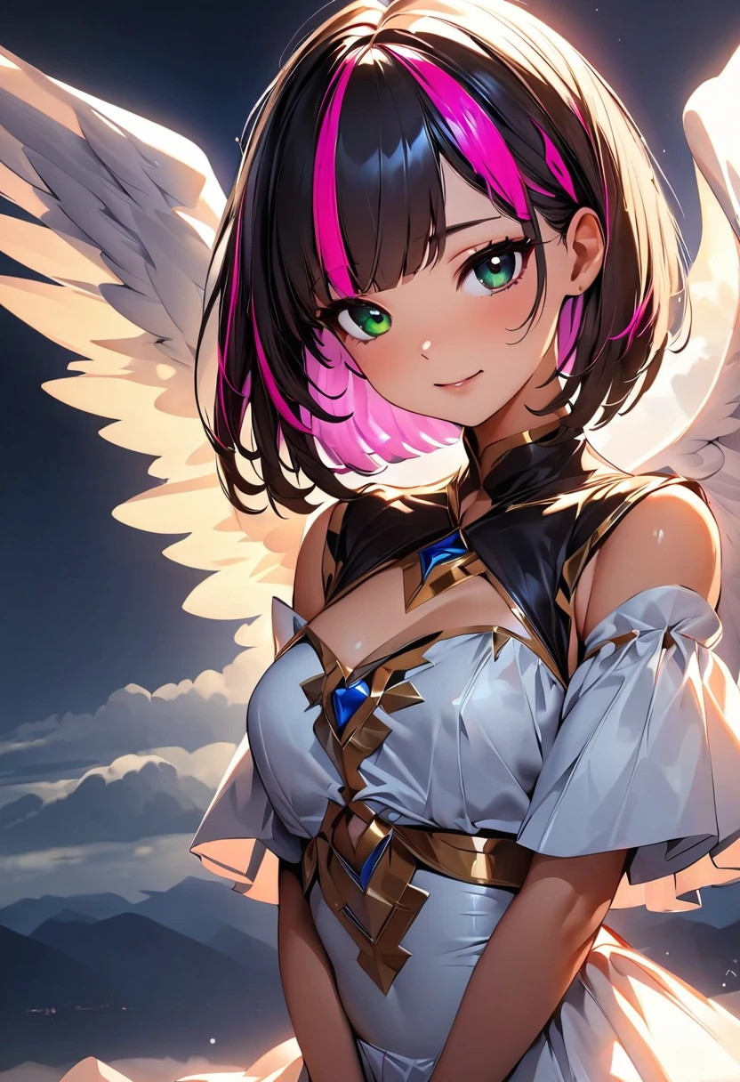 (highest quality:1.2, Very detailed, up to date, Vibrant, Ultra-high resolution, High Contrast, masterpiece:1.2, highest quality, Best aesthetics), Portraiture、girl、solo, (25-years-old:1), slim, heterrochromia, green eye, red eye, (angel-costume:1), small angel_wings, flying in cloud, own hands together, Bright colors、Beautiful fine details、Beautiful lip detail、extra short hair, ((bob cut:1.5))、pink and purple, ((streaked hair:1.9)), (highlights hair: 1.6), (medium breast:0.7), (tan skin:0.5), heaven, divine glory, radiant, (cowboy shot:1.5)