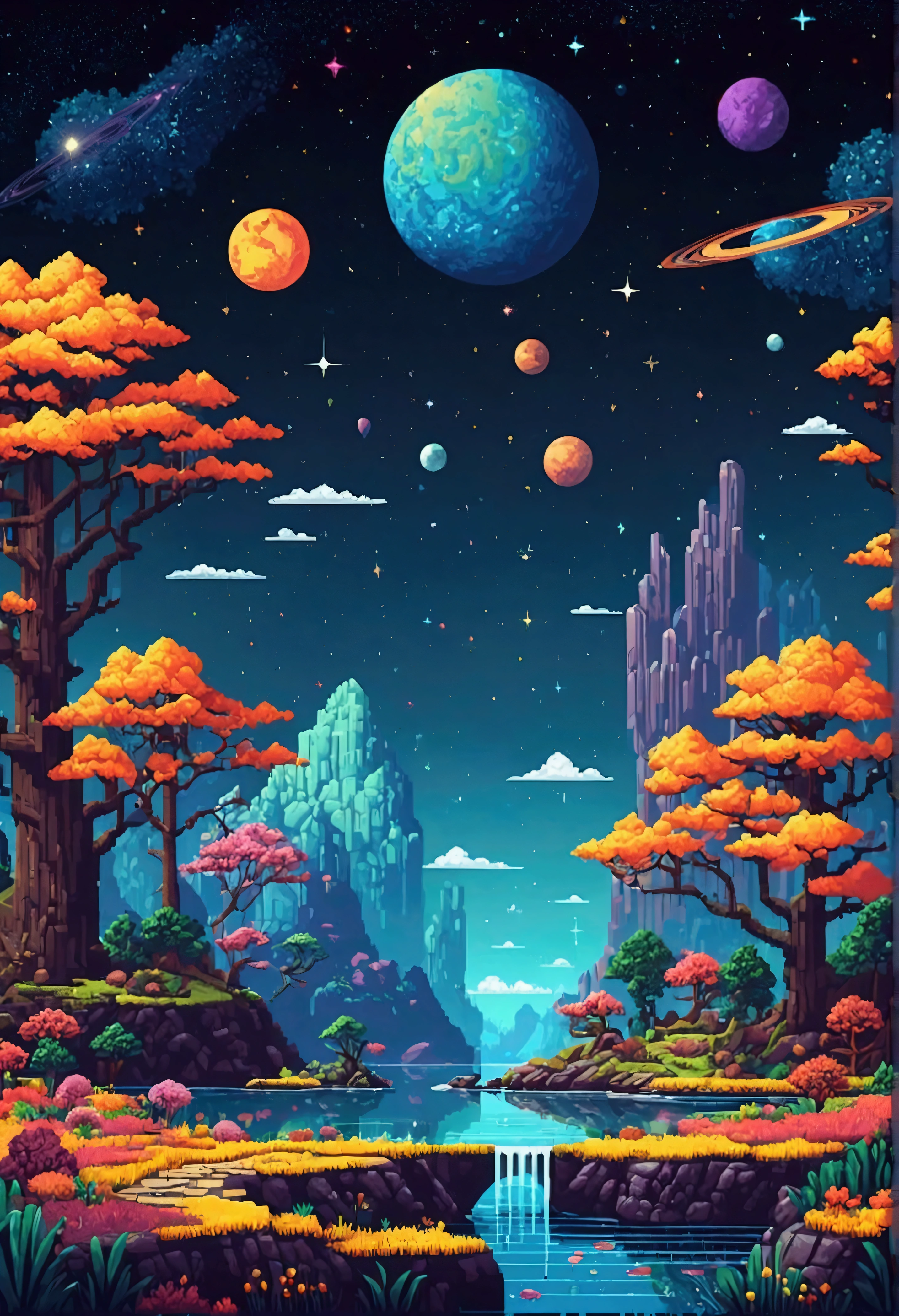 Pixel Art, flat design, Ultra-high detail. Landscape universe