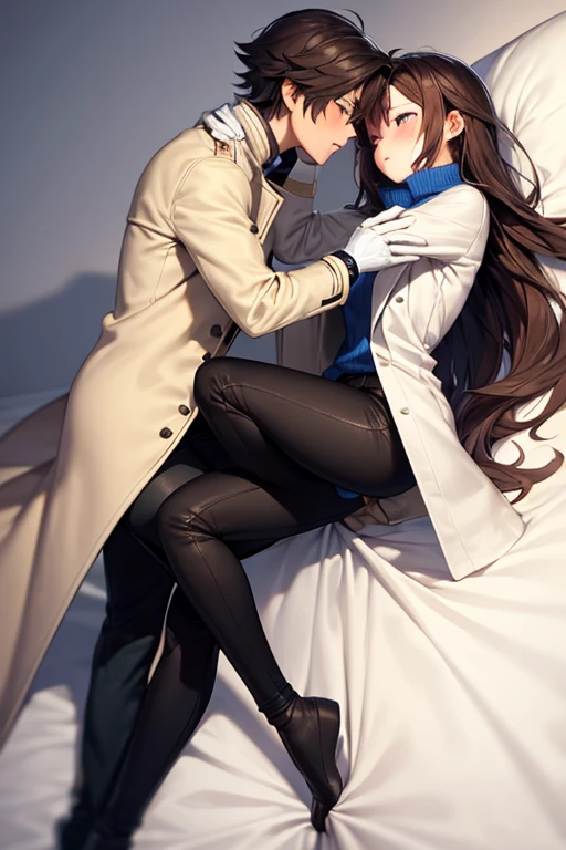 ((best quality)), ((masterpiece)), (detailed), a couple, a boy and a girl, 1 boy, full body, 19 years old, brown hair with white tips, somewhat long hair, bangs, green eyes, tall and thin, thin, long beige trench coat, open trench coat, black fingerless gloves, white wristbands, white t-shirt with blue I-shaped emblem, letter I, black pants, 1 girl, full body, 19 years old, young adult, somewhat short, purple eyes, brown hair, somewhat wavy hair, long hair, lock of hair on forehead, blushing, scientist's coat, blue shirt, black pants, lying in bed, facing each other, giving each other a kiss on the lips, eyes closed, blushing, romantic moment, bedroom background, anime