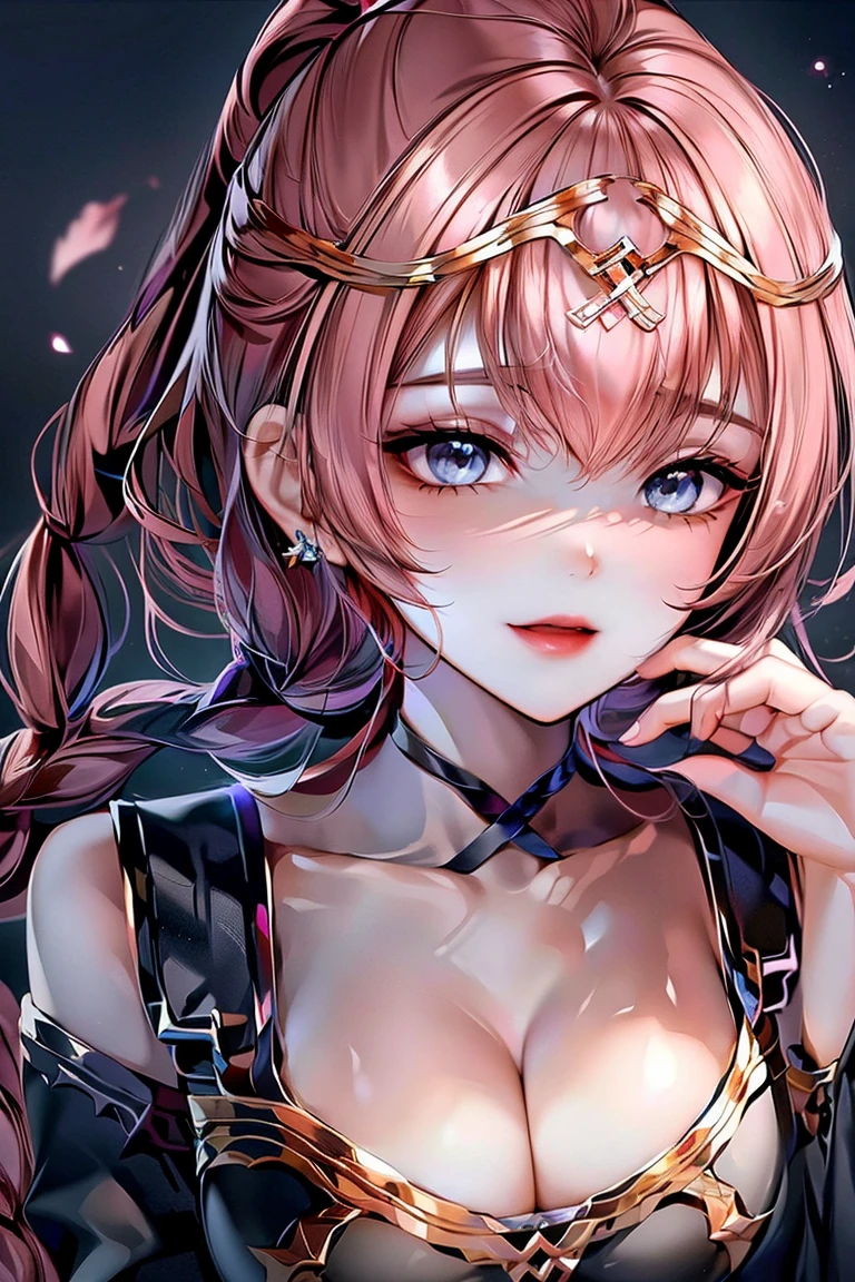 最高masterpiece、16K、最high quality、超High resolution、Detailed face、Detailed eyes、Epic Seven Style、girl、 (Wavy Ponytail, Shoulder hair, Very long hair, very thick hair),(Have beautiful eyes), smile, Happy , Big Breasts, Cleavage, Crescent moon earrings, 2 pairs of leather collars with beautiful jeweled feathers), (Hair Flower Hairpins), Using Lens Flare, chromatic aberration, Attention to detail, anime, Romanticism, op art, Written boundary depth, Motion Blur, Dazzling Light, Film Grain, 超High resolution, retina, Accurate, masterpiece, Anatomically correct, Rough skin, Very detailed, Attention to details, high quality, Awards, 最high quality, High resolution, 16K, Place your hands behind your back