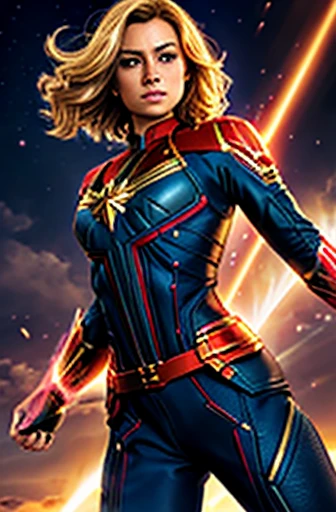 a female superhero,captain marvel,energy emitting from her  hands and body ,powerful and sexy pose,cinematic lighting,vivid colors,cinematic composition,beautiful detailed eyes,beautiful detailed lips,extremely detailed face and body,long eyelashes, long blonde hair ,volumetric energy effects,dramatic shadows,glowing energy aura,cinematic camera angle,hyper realistic,8k,high quality,detailed rendering,digital art,concept art style