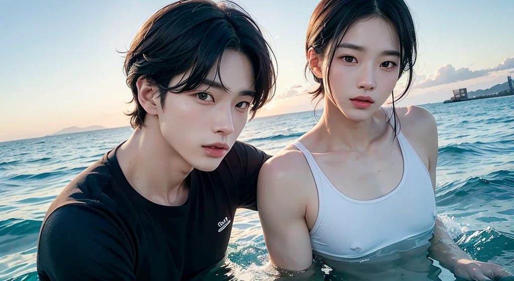 couple photo, korean handsome man  20-year-old Korean man with pale skin, small facial structure, defined jawline, prominently full lips, intense black eyes, distinguished bangs covering the forehead, noticeably broad shoulders, standing at 1.80m, showcasing his athletic build, reminiscent of Jungkook swimming in the sea 