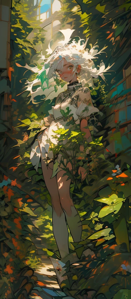 (Mastepiece), (Best Quality), Very detailed, 1 girl, (Solo full body shot:1.4), Perfect Face, beautiful girl, Very detailedな顔,(Long white hair:1.5),(Green Eyes:1.4),(Lots of butterflies々:1.2)、(Abandoned City、Plants、Flower Field:1.4)、(Lots of petals:1.3)、Fairy、mysterious、Fantasy、beautiful、beautiful