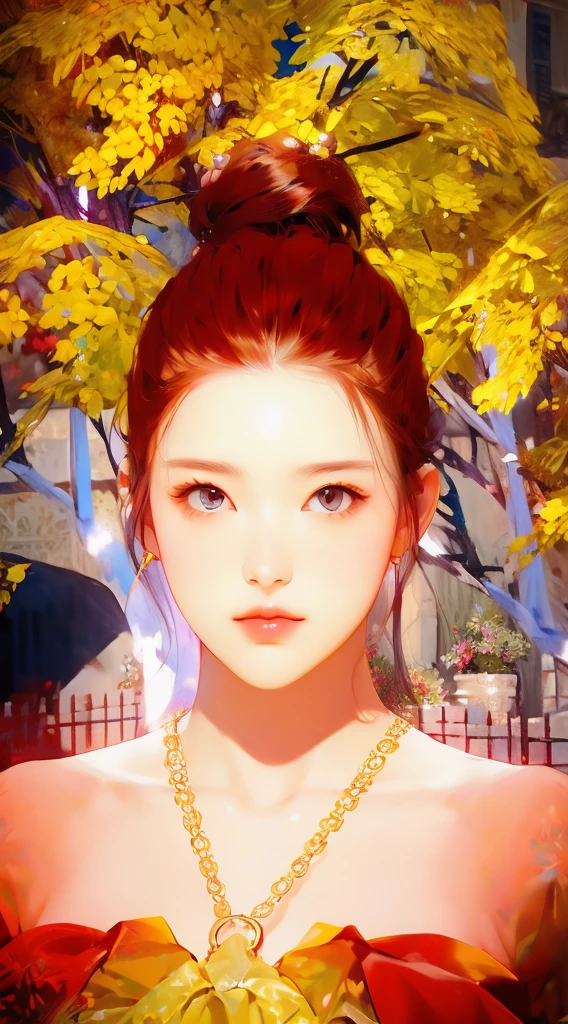 photoactual, lip gloss, , actual, best quality, ultra high resolution, depth, pastel colors, Natural shades, focus on face, Just look at the face, looking at the audience, long hair, hair accessories, black hair, brown and detailed eyes, skirt