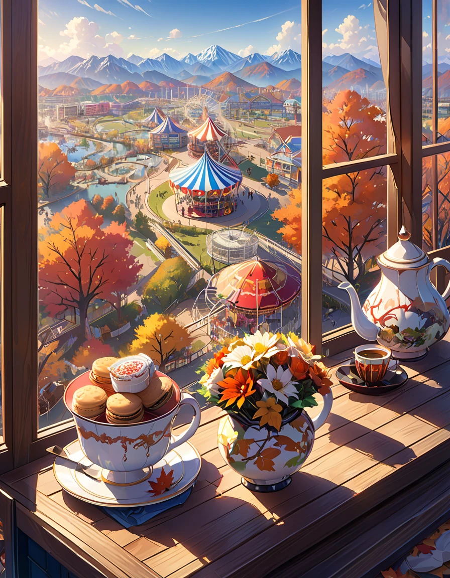 The scenery outside the window of the gondola at the top of the Ferris wheel, can see roller coasters, carousels, haunted teacups, and more, distant view, outside the amusement park is a residential area, mountains can be seen in the distance, amusement park,It is late autumn,