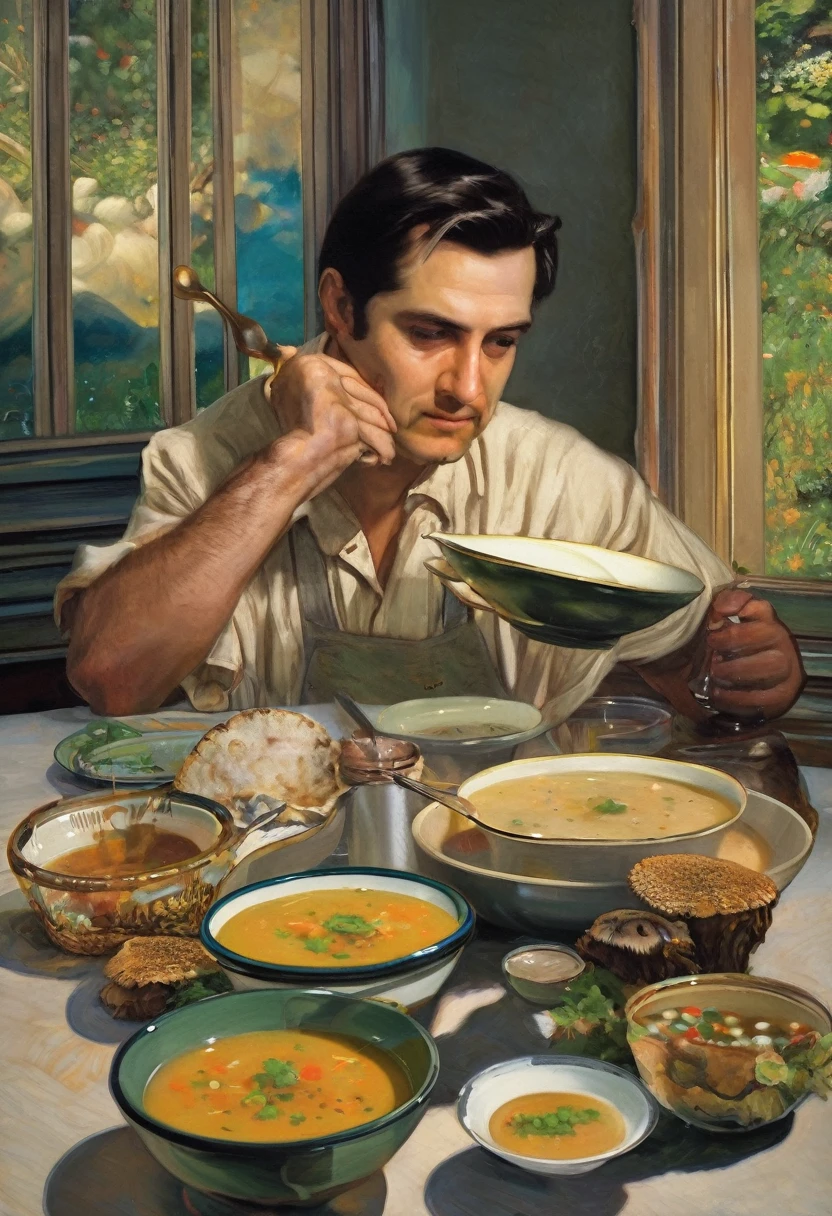 (best quality, masterpiece), A man staring at mushroom soup with relish