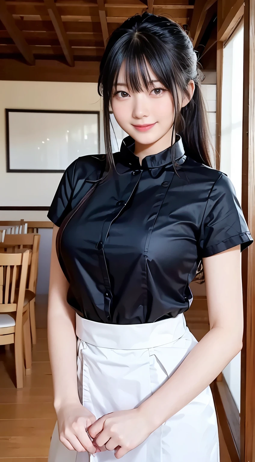 (Highest quality,masterpiece:1.3,Ultra-high resolution,),(Very detailed,Caustics),(Realistic:1.4,RAW shooting,)Ultra-Realistic Capture,Very detailed,High resolution 16K human skin closeup。 Natural skin texture、,pores、、、、It must be detailed enough to be easily identifiable。 Skin tone is even and healthy looking。 Use natural light and colour,restaurant,Waitress Uniform,1 girl,Japanese,18-year-old,cute,Black-haired,ponytail,Big Breasts,smile,Turn your body forward,(Front view:1.1),Looking into the camera,Cowboy Shot,