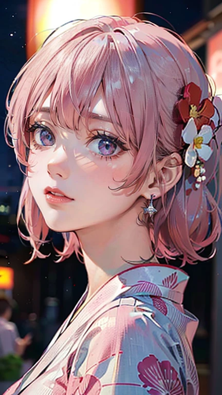 (Masterpiece, BestQuality:1.3), (ultra detailed:1.2), (hyperrealistic:1.3), (RAW photo:1.2), High detail RAW color photo, professional photograph, (Photorealistic:1.4), (realistic:1.4), (Pink Hair:1.5), professional lighting, perfect anatomy, (Big Breasts:1.2), (blush, detailed face), (cheerful Smile:1.5), Trending Hair&Trending Hairカラーをランダムに, earrings, necklace, bracelet, sexly, erotic sexly, Random sexy gravure poses, (At a summer festival、A beautiful woman wearing a red floral yukata looks up at the night sky and smiles。The background is the night view of the festival、Accessories: Silver hair ornaments。:1.3)