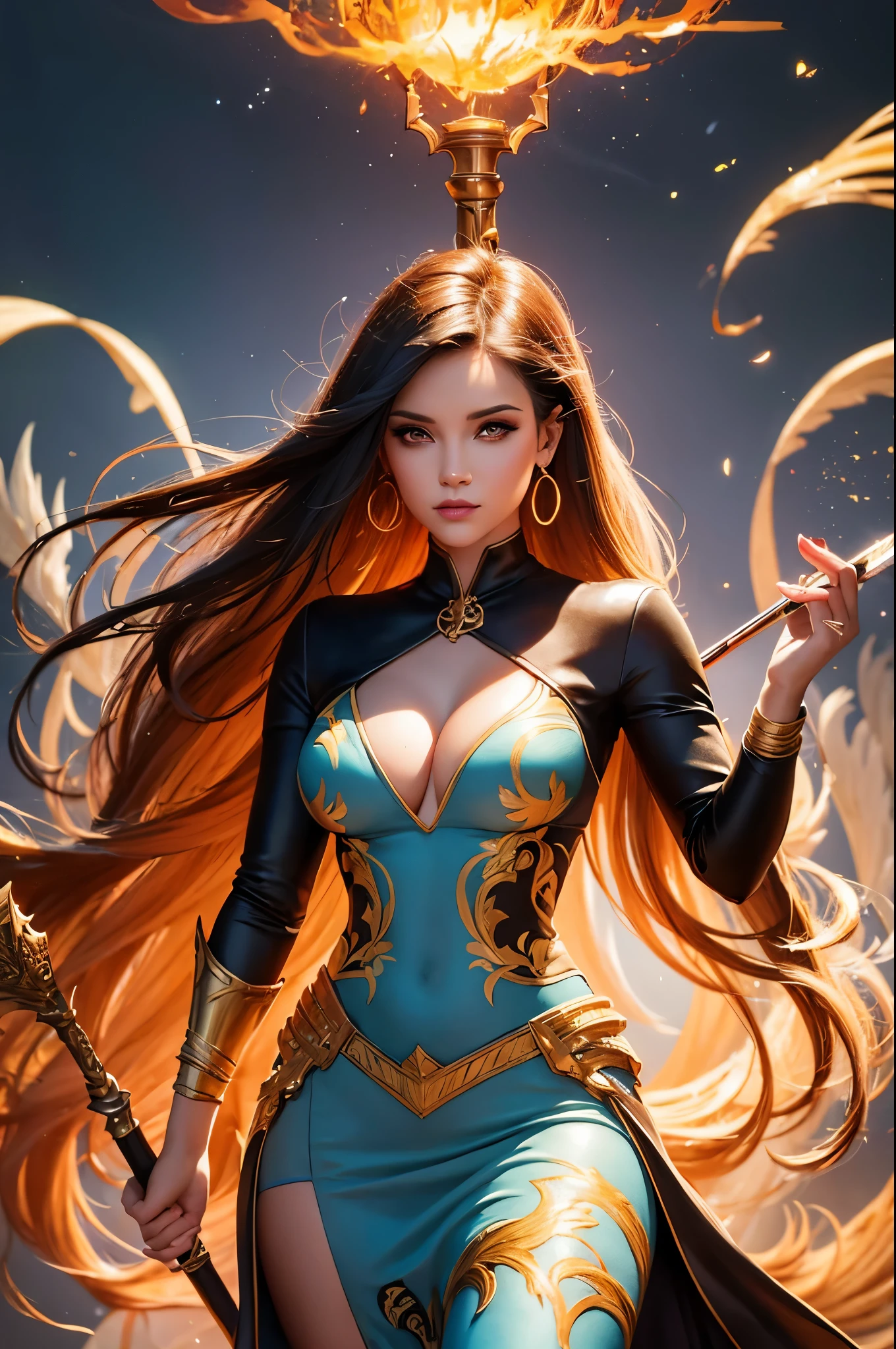 a painting of a woman with a long hair and a swirly hair, plumeria design splash armor and pencil skirt, golden adornments, carrying a spear of light, lighting and fire, golden hour, digital art inspired by Cyril Rolando, trending on cg society, fantasy art, jen bartel, digital art fantasy, colorfull digital fantasy art, gorgeous digital art, beautiful art uhd 4 k, digital art fantasy art, exquisite digital illustration, beautiful digital artwork, stunning digital illustration