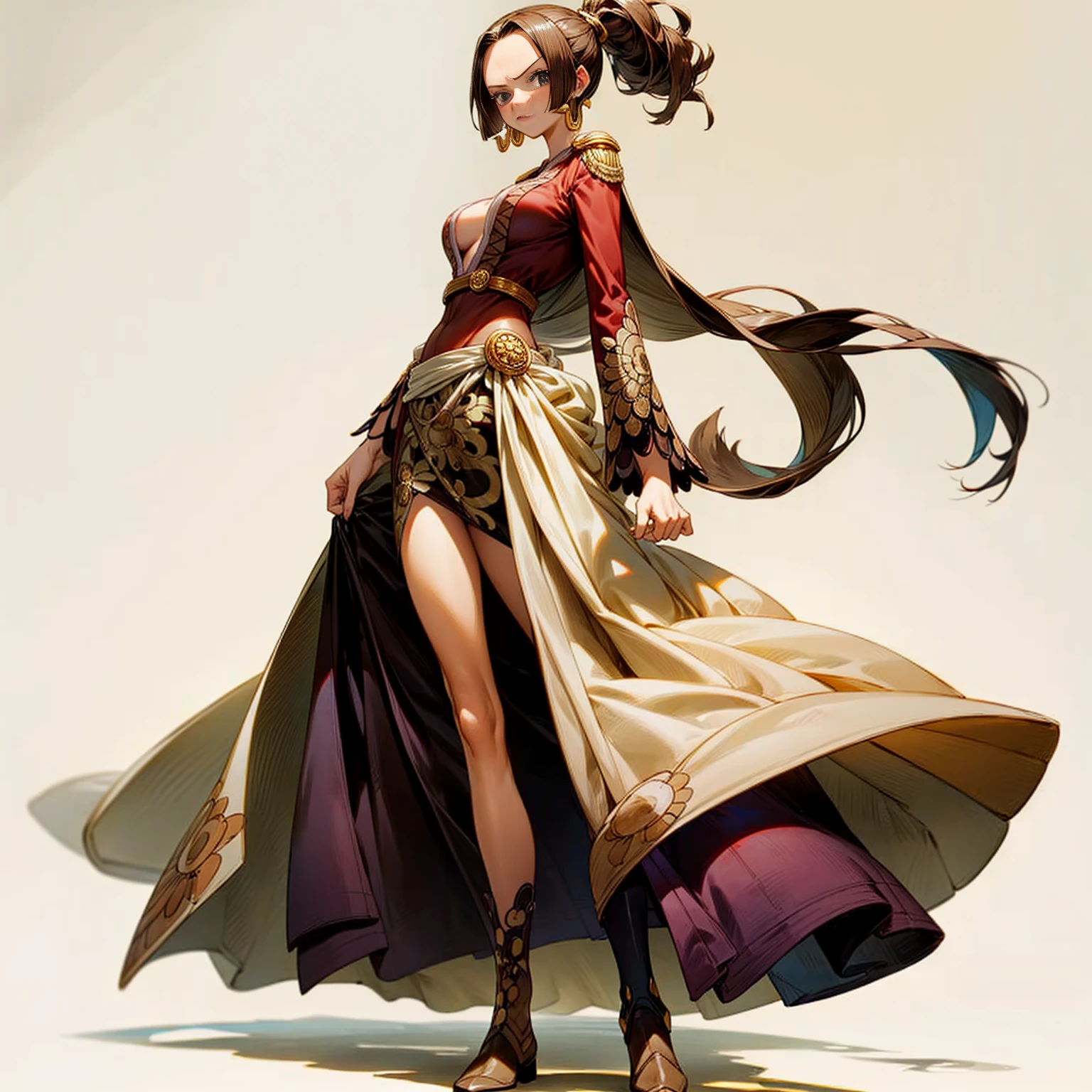 Solo character, full body version, young girl, long hairstyle, ponytail, brown color hair, hazel eyes, long dress soldier outfit, armors, long boots, diamond earring, belt, bracelet, (one piece style art), shadow, standing gesture, white simple background, sword gold in hand, Big breasts