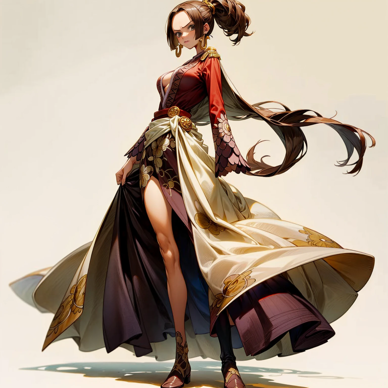 Solo character, full body version, young girl, long hairstyle, ponytail, brown color hair, hazel eyes, long dress soldier outfit, armors, long boots, diamond earring, belt, bracelet, (one piece style art), shadow, standing gesture, white simple background, sword gold in hand, Big breasts