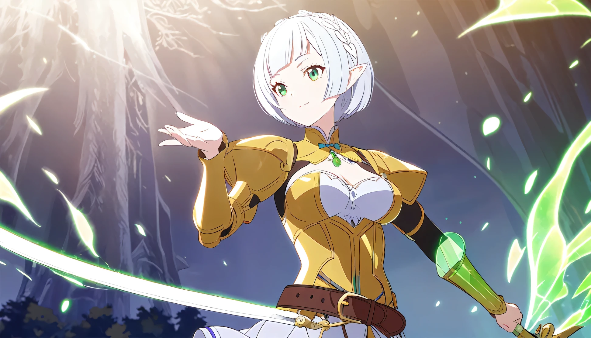 Anime styles, Re zero style, White outfit,white skirt, Gold armored, medium breast, leather belt, Sexy suit, Sexy styles, Sword, White hair, short hair, Green eyes, Elf, Adult age, HD, effect, Luminous tree background