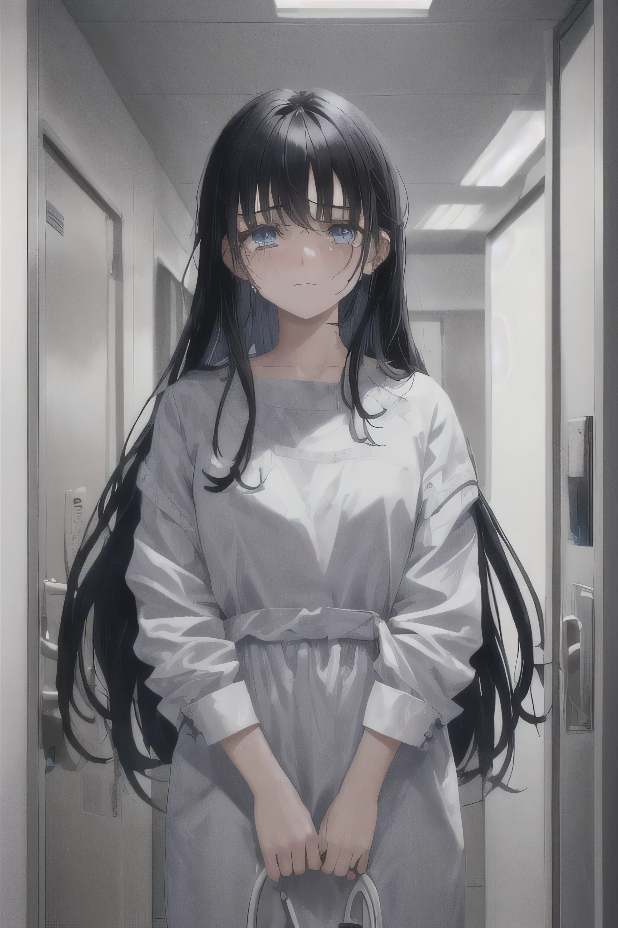 18 years old, 1 girl, not too black hair, blue eyes, (cowboy_shot:1.2), focused face, long hair, narrow hair, looking up at the sky, tears in her eyes, in the hospital, indoors, next to the ICU door, Beautiful, highly detailed, intricate 8k wallpaper