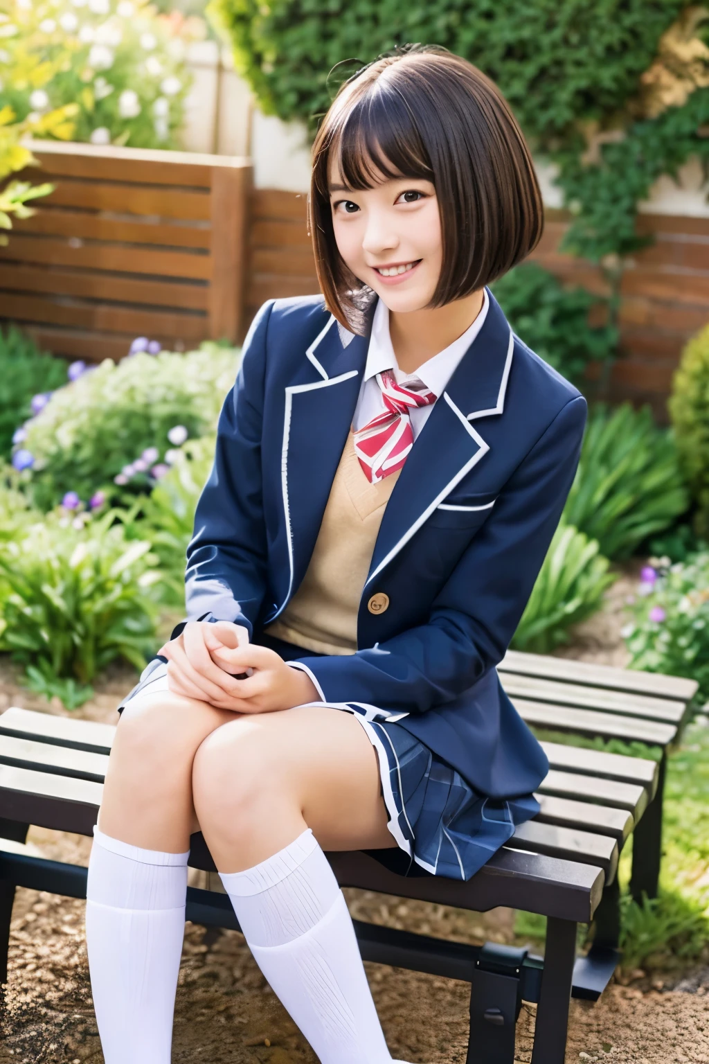 high school girl、blazer、skirt、Knee-high socks、loafers、Bobcut、smile、Thighs、bench、garden