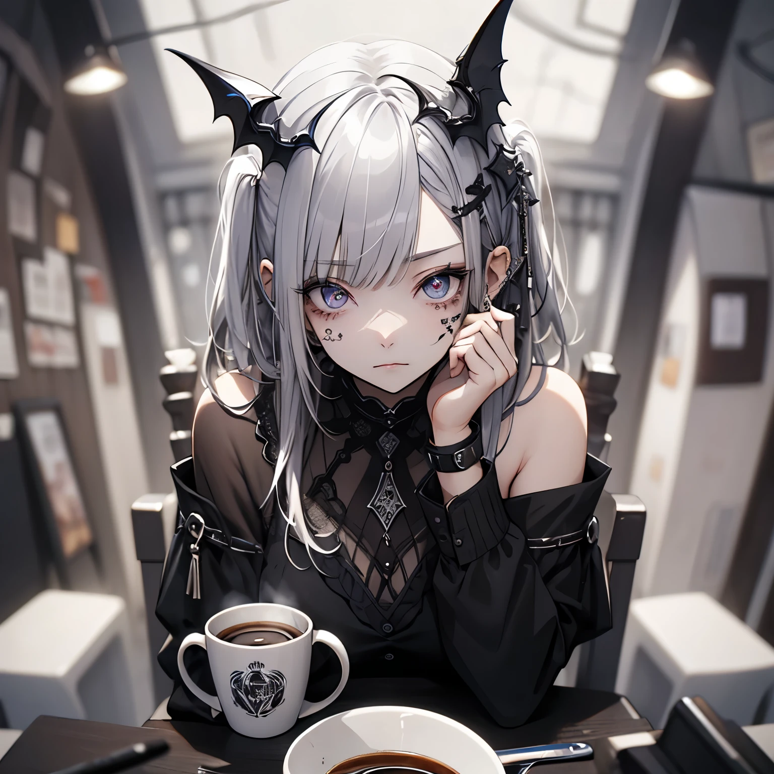 (masterpiece), Highest quality, Ultra-high resolution,Silver Hair、Black Hair、Bat、Sick Makeup、brown、Cafe au lait、Coffee cup、Get angry