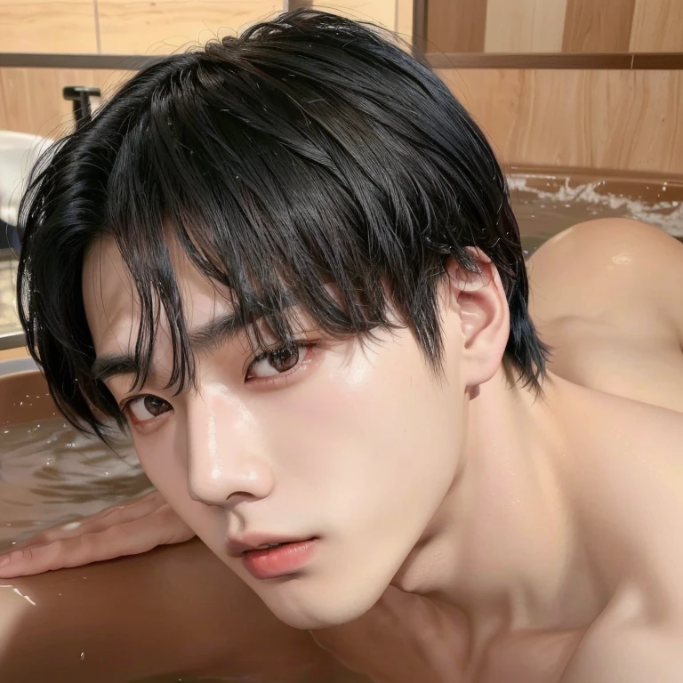 There is a man with black hair lying in a jacuzzi., Cai Xu Kun, handsome japanese demon boy, Jinyoung Shin, Yanjun Chengt, youngster, Kim Doyoung, 18 years, South Korean man, taken in the early 2020s, hsiao-ron, sakimichan, kim taehyung 
