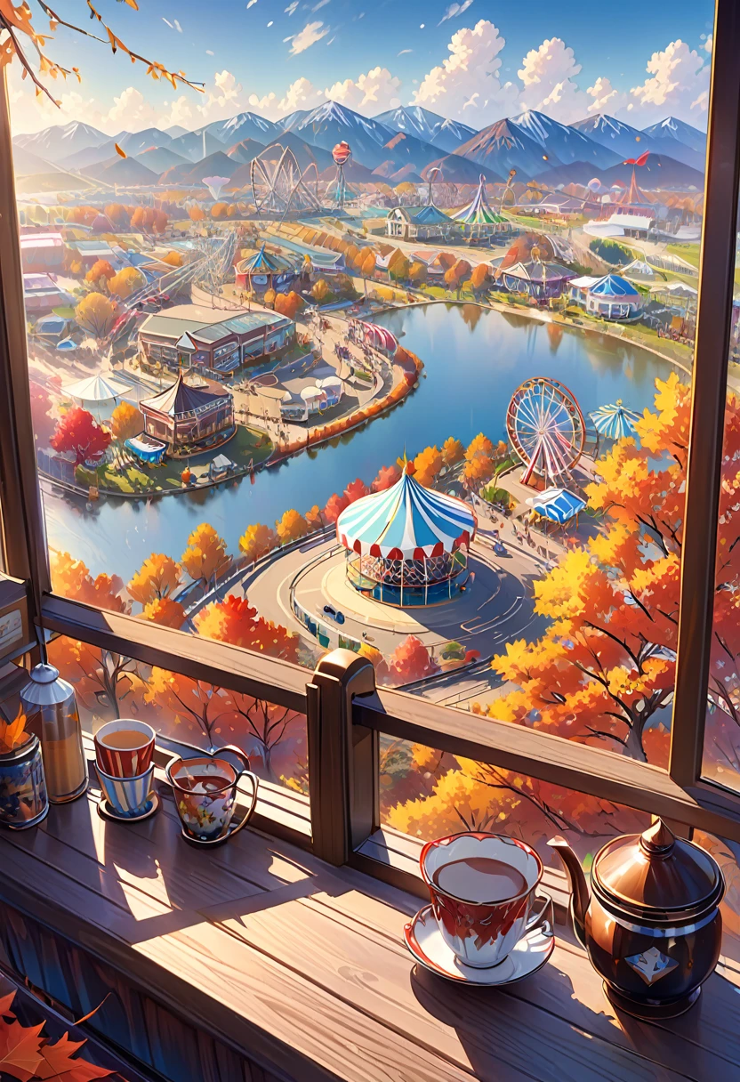 The scenery outside the window of the gondola at the top of the Ferris wheel, can see roller coasters, carousels, haunted teacups, and more, distant view, outside the amusement park is a residential area, mountains can be seen in the distance, amusement park,It is late autumn, 