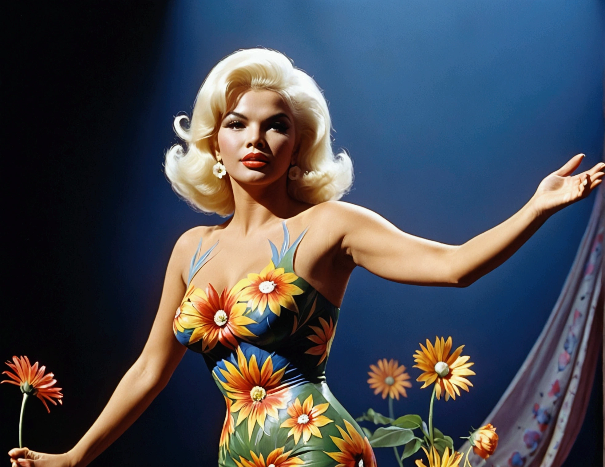 (Jayne Mansfield, age 25, extensive artistic body paint flower themed (only face and hands exposed)), doing an interpretive dance on stage, she is in spotlight, dancing like a flower in breeze