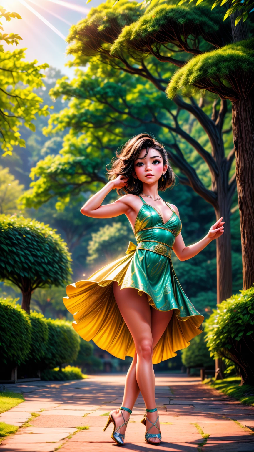 beautiful young dancers performing gracefully in a park, captivating the audience, highly detailed, digital art, vibrant colors, dramatic lighting, detailed face, long eyelashes, elegant dress, dynamic pose, lush greenery, sunlight, (best quality,4k,8k,highres,masterpiece:1.2),ultra-detailed,(realistic,photorealistic,photo-realistic:1.37),intricate details,dynamic composition,vivid colors,dramatic lighting