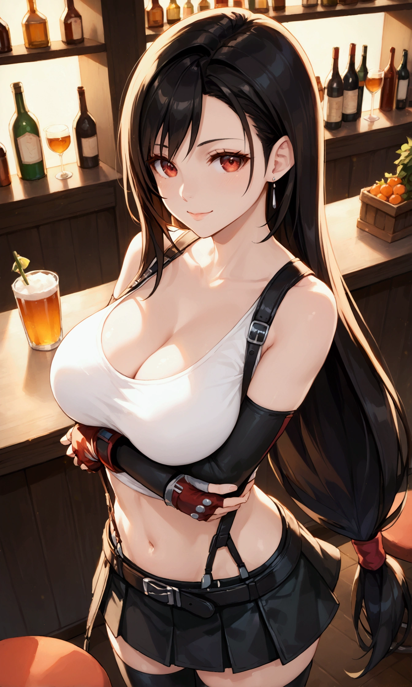 (score_9, score_8_up, score_7_up), BREAK  (masterpeace),(best quality),(aesthetic,very aesthetic),(highly detailed),1girl, tifa lockhart, final fantasy,(beautiful). black hair, low-tied long hair, red eyes, bangs, white tank top,gap, belt, pleated skirt, thighhighs, elbow fingerless gloves, elbow pads, midriff, navel,suspender skirt.zettai ryouiki,(large_breasts:1.3),Solo,upperbody,looking at viewer,  vibrant, joyful,cafe and bar,(Emphasize the cleavage),hands on counter,Showcasing cleavage:1.3 ,breast hold,counter,straight-on,breast focus,dynamic angle,