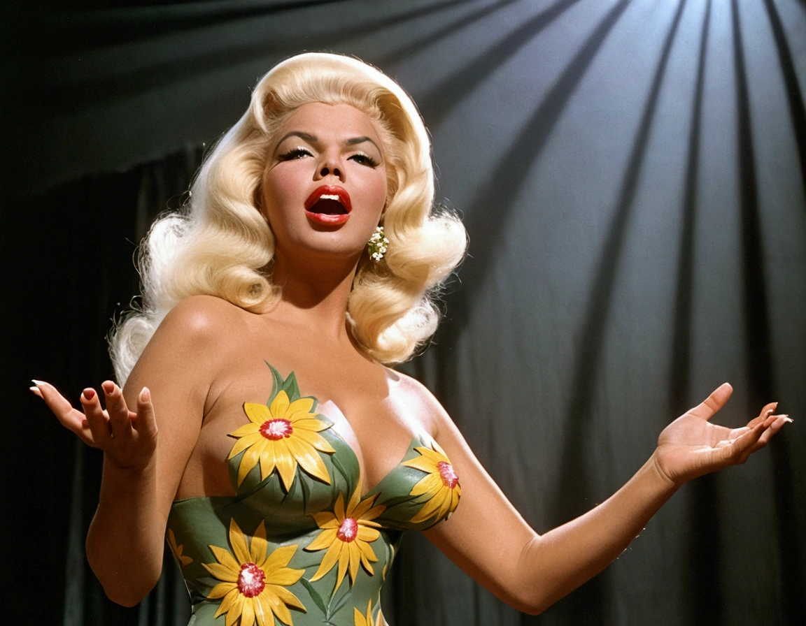 (Jayne Mansfield, age 25, extensive artistic body paint flower themed (only face and hands exposed)), doing an interpretive dance on stage, she is in spotlight, dancing like a flower in breeze