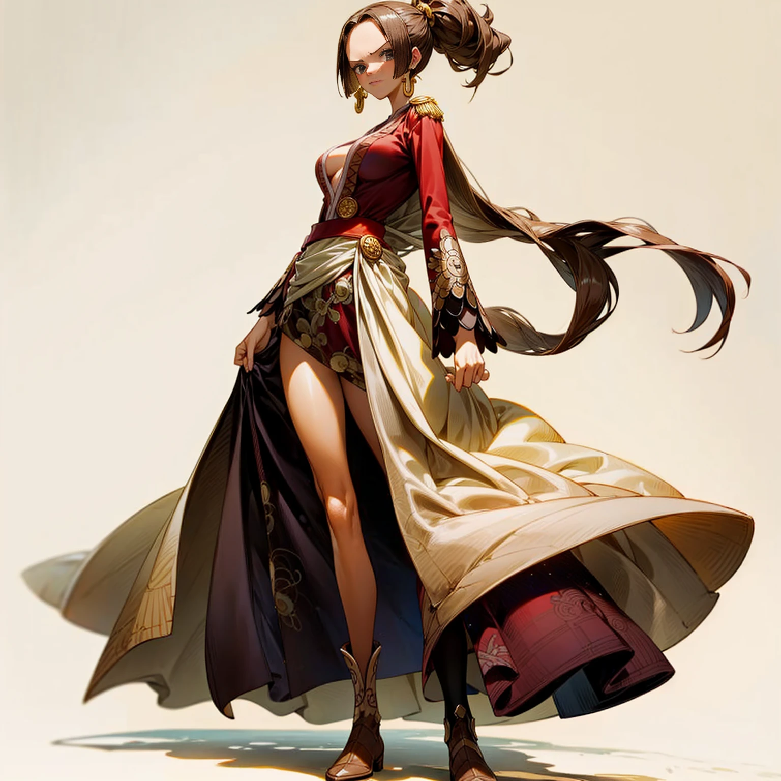 Solo character, full body version, young girl, long hairstyle, ponytail, brown color hair, hazel eyes, long dress soldier outfit, armors, long boots, diamond earring, belt, bracelet, (one piece style art), shadow, standing gesture, white simple background, sword gold in hand, Big breasts