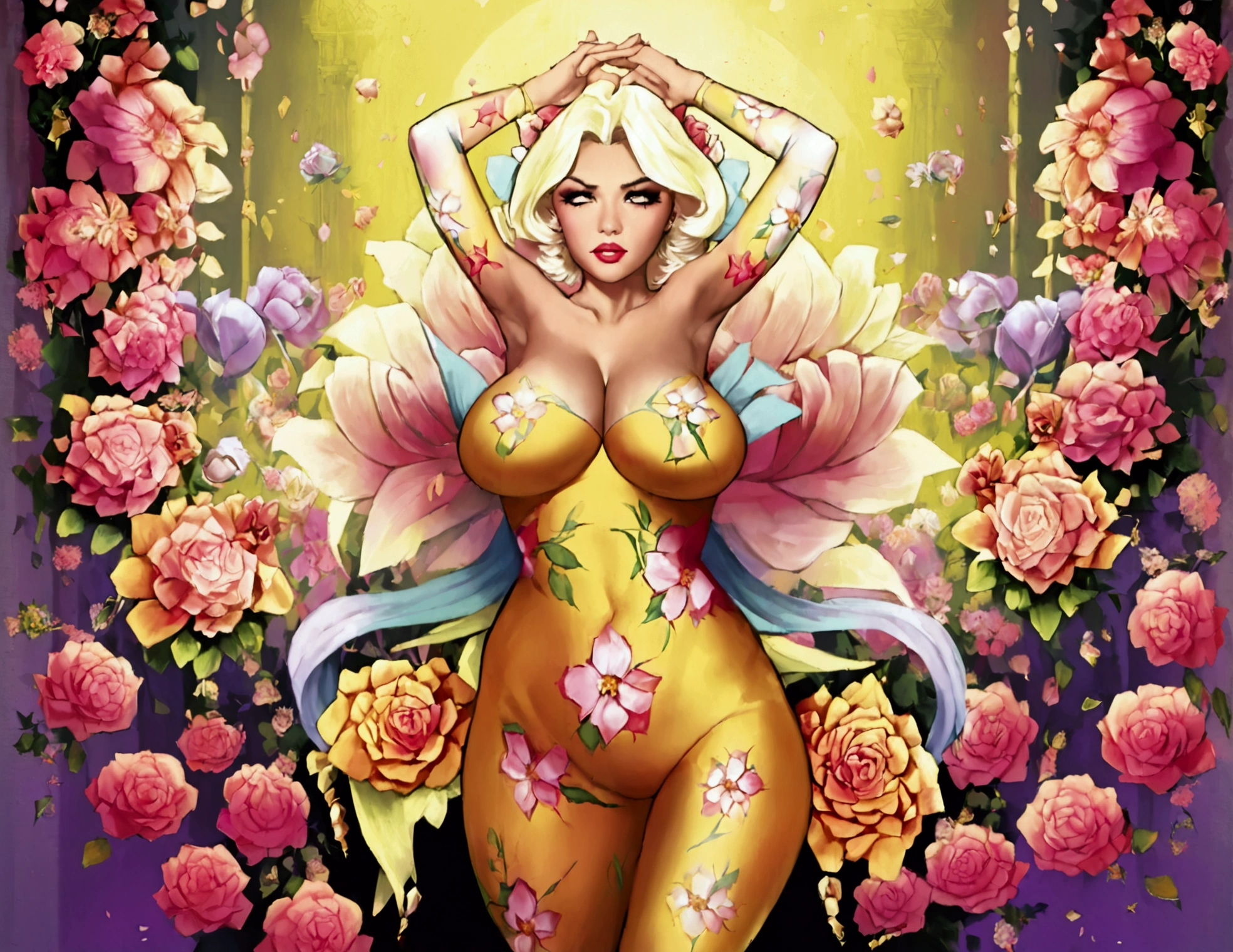 (Jayne Mansfield, age 25, extensive artistic body paint flower themed (only face and hands exposed)), doing an interpretive dance on stage, she is in spotlight, dancing like a flower in breeze