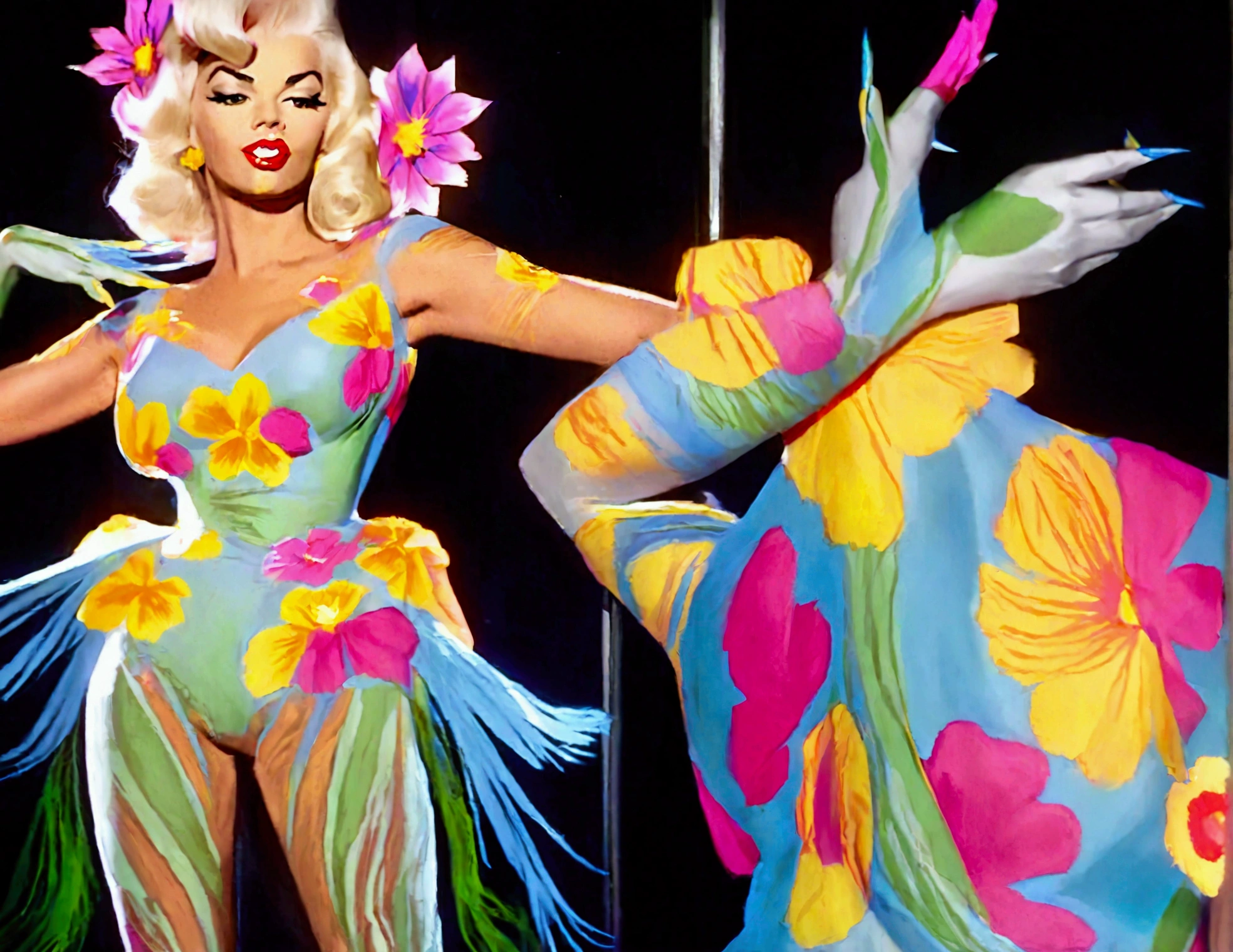 (Jayne Mansfield, age 25, extensive artistic body paint flower themed (only face and hands exposed)), doing an interpretive dance on stage, she is in spotlight, dancing like a flower in breeze
