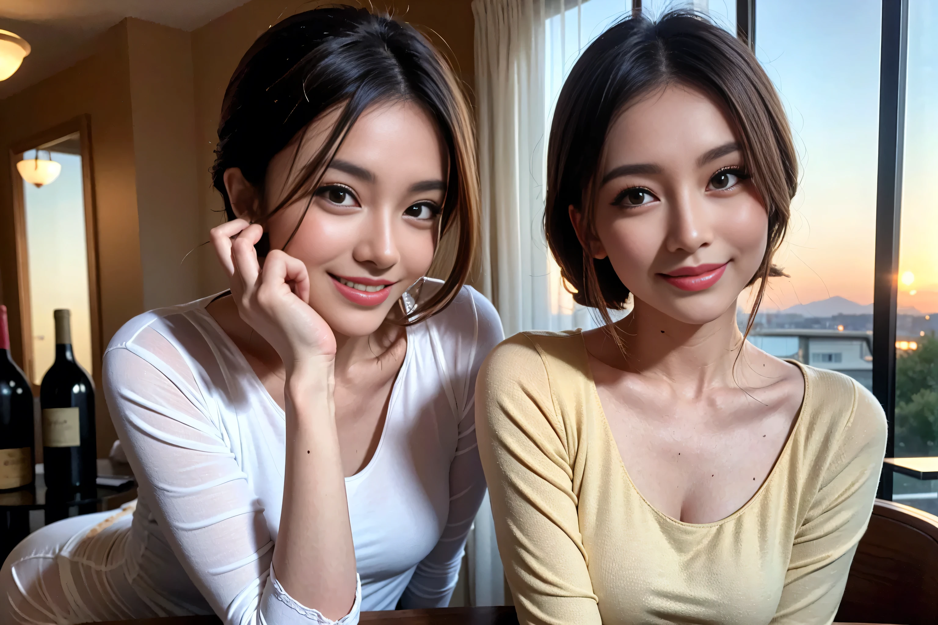 （Realistic:1.1）,(masterpiece,Highest quality)，8k,(49 years old), 50 years old, slimカップル、Tight waist,Upper Body,full-course dinner、wine 、Amazing view of the sunset sky and clouds、Perfect Anatomy, Brown Hair, short hair,Random Hairstyles,((Highly detailed face and eyes:1.2))，Perfect golden ratio face，Long sleeve shirt、dress,(smile:1.2)、Shortcuts、cute、(Realistic, Intricate details:1.2), A bright smile、short hair,Bright Face、赤wine 、Appetizers、Italian food、wine bottle、Champagne、スパークリングwine、(slimな顔), (The body is slim), (Brown Hair), (Shortcuts),  Upper Body, 白wine, slim, wineグラス, 