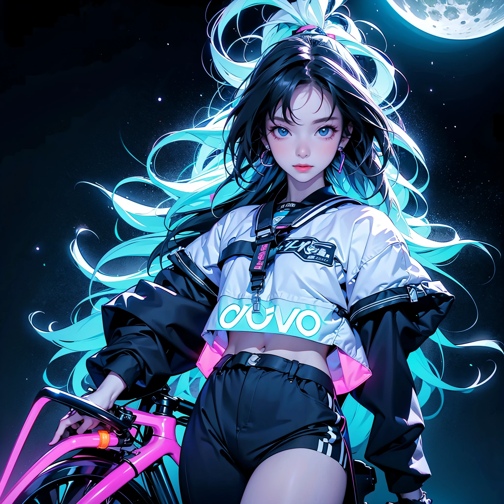 female　bike　speed ride Night view　neon lights Near future　moon