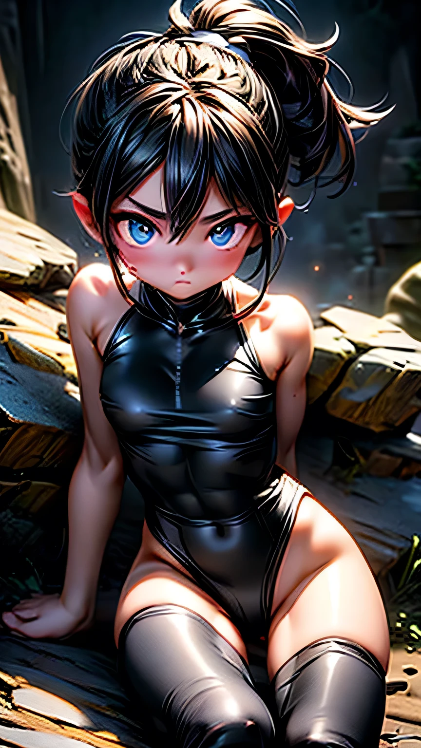 high quality, Real engine, Female Fighter, Fighting Pose、In the battle scene, Ready to fight, 4K, Invincible, The best warrior, Fighting Pose, Aggressive, sweating, Blood vessel, (Big Breasts), Toned Abs, White skin, Black ponytail, (((Black leotard))), Looking into the camera、masterpiece, 最high quality, high quality, High resolution、Realistic、(Cinema Lighting)、Detail emphasis, Beautiful lighting、Sharp focus. 超Detailed face、Detailed Iole Hair、Black Hair、Long Hair、Beautiful Hairstyles、Detailed face、Exposed breasts、Cleavage、(Big Breasts)、(Hard nipples)、Incredibly stupid, It seems ridiculous.., (((Black leotard))), In a dark cave、Inside a realistic cave、((Sit with your legs apart))、
