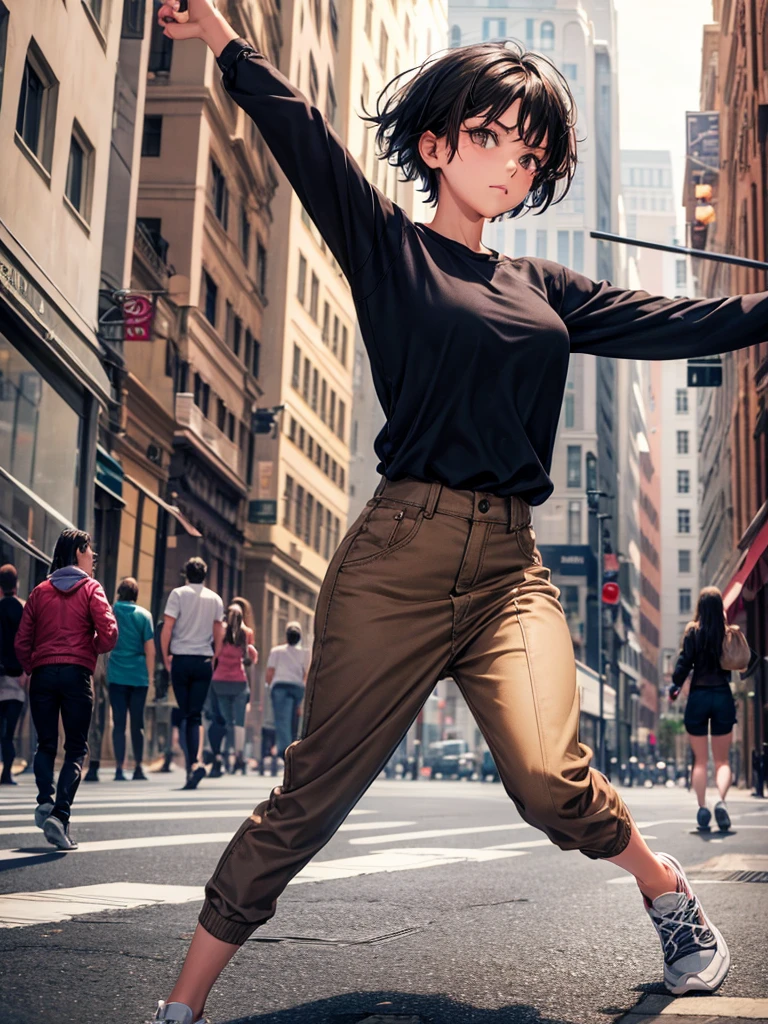 17 year old American woman, black hair and light brown eyes and stretch clothes running away from something in the square