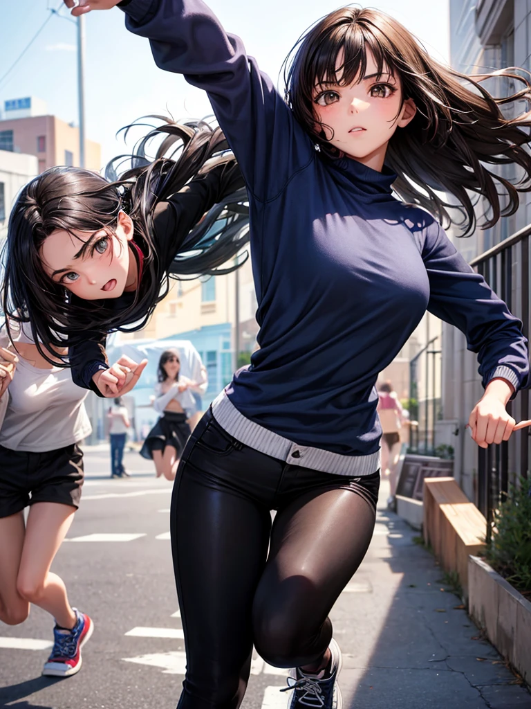 17 year old American woman, black hair and light brown eyes and stretch clothes running away from something in the square