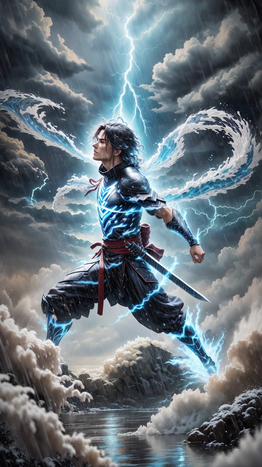 Live action character in the rain with thunder roaring behind him, mystic ninja, Amazing live action 8k, Spectacular live-action artwork, Fractal Thunder Dan Mumford, Live-action style 4k, Spectacular live-action style, Ninja with a water wave sword, Real Wallpaper 4k, Live action wallpaper 4k, 4K Live Action Wallpaper, 4K Live Wallpaper, Spectacular digital live-action illustrations, thunderstorm
