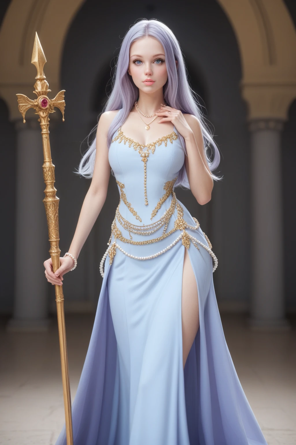 ((best quality)) ((artwork)) Appearance Details 
Species: Human
Age: 20
Hair: Blueish silver, quite long and abundant
Eyes: Violet
Body: 5'5", light skin, lean and curvy
Face: Young, beautiful, delicate features, full lips and thin eyebrow
Features: Light pink lipstick
Clothing: Long sleeveless light blue dress, wide gold necklace and pearls around her body to the waist. Pose: holding a golden spear. Landscape: a huge, elaborate castle carved from white marble.