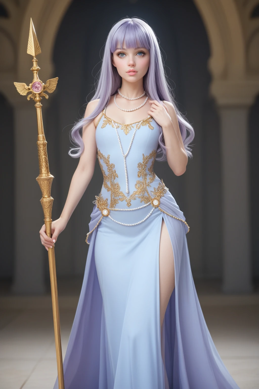 ((best quality)) ((artwork)) Appearance Details 
Species: Human
Age: 20
Hair: Blueish silver, quite long and abundant
Eyes: Violet
Body: 5'5", light skin, lean and curvy
Face: Young, beautiful, delicate features, full lips and thin eyebrow
Features: Light pink lipstick
Clothing: Long sleeveless light blue dress, wide gold necklace and pearls around her body to the waist. Pose: holding a golden spear. Landscape: a huge, elaborate castle carved from white marble.