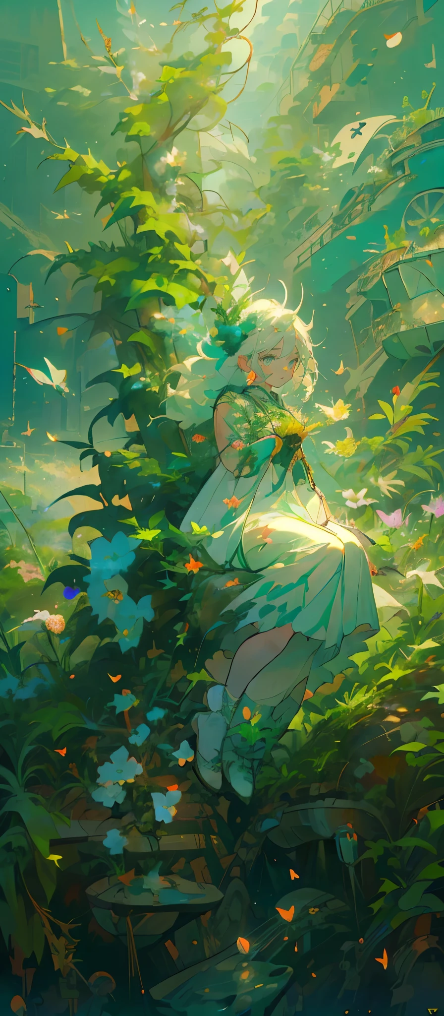 (Mastepiece), (Best Quality), Very detailed, 1 girl, (Solo full body shot:1.4), Perfect Face, beautiful girl, Very detailedな顔，(Long white hair:1.5)，(Green Eyes:1.4)，(Lots of butterflies々:1.2)、(Abandoned City、Plants、Flower Field:1.4)、(Lots of petals:1.3)、Fairy、mysterious、Fantasy、beautiful、beautiful
