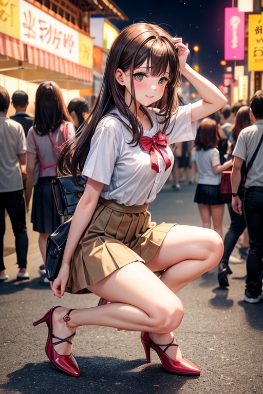 {of the highest quality], [Super beautiful], [Ultra Fine], [best illustration], NSFW,Brown hair, hime cut, by the wide, with bangs, Girl,ol,short sleeve white shirt, long straight skirt, smile, blush, Thin women, adult women,make a pose,(public),night park,summer festival,diagonal, Bare feet and pumps, Plain black pumps