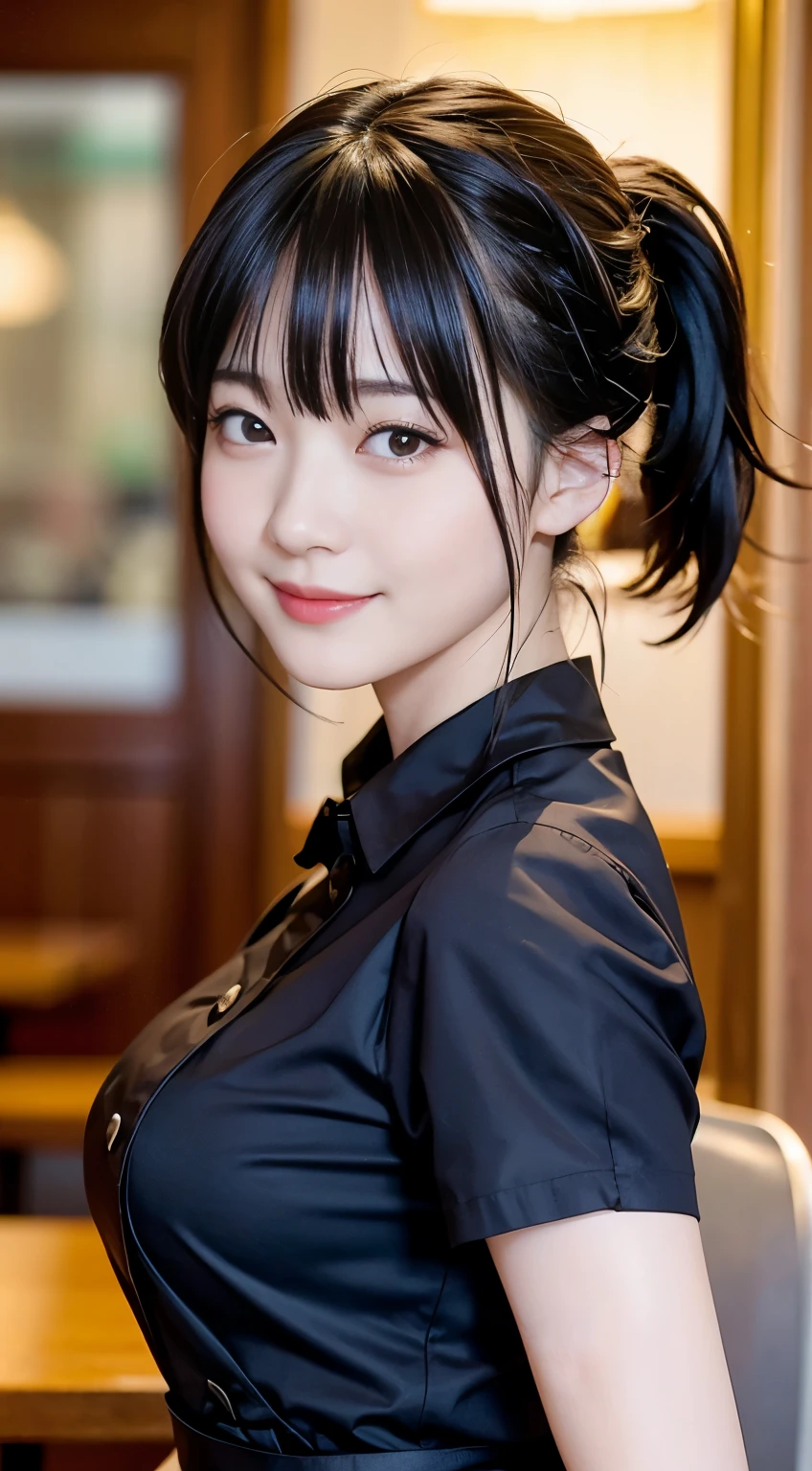 (Highest quality,masterpiece:1.3,Ultra-high resolution,),(Very detailed,Caustics),(Realistic:1.4,RAW shooting,)Ultra-Realistic Capture,Very detailed,High resolution 16K human skin closeup。 Natural skin texture、,pores、、、、It must be detailed enough to be easily identifiable。 Skin tone is even and healthy looking。 Use natural light and colour,restaurant,Waitress Uniform,1 girl,Japanese,18-year-old,cute,Black-haired,ponytail,Big Breasts,smile,Turn your body forward,(Front view:1.1),Looking into the camera,Cowboy Shot,