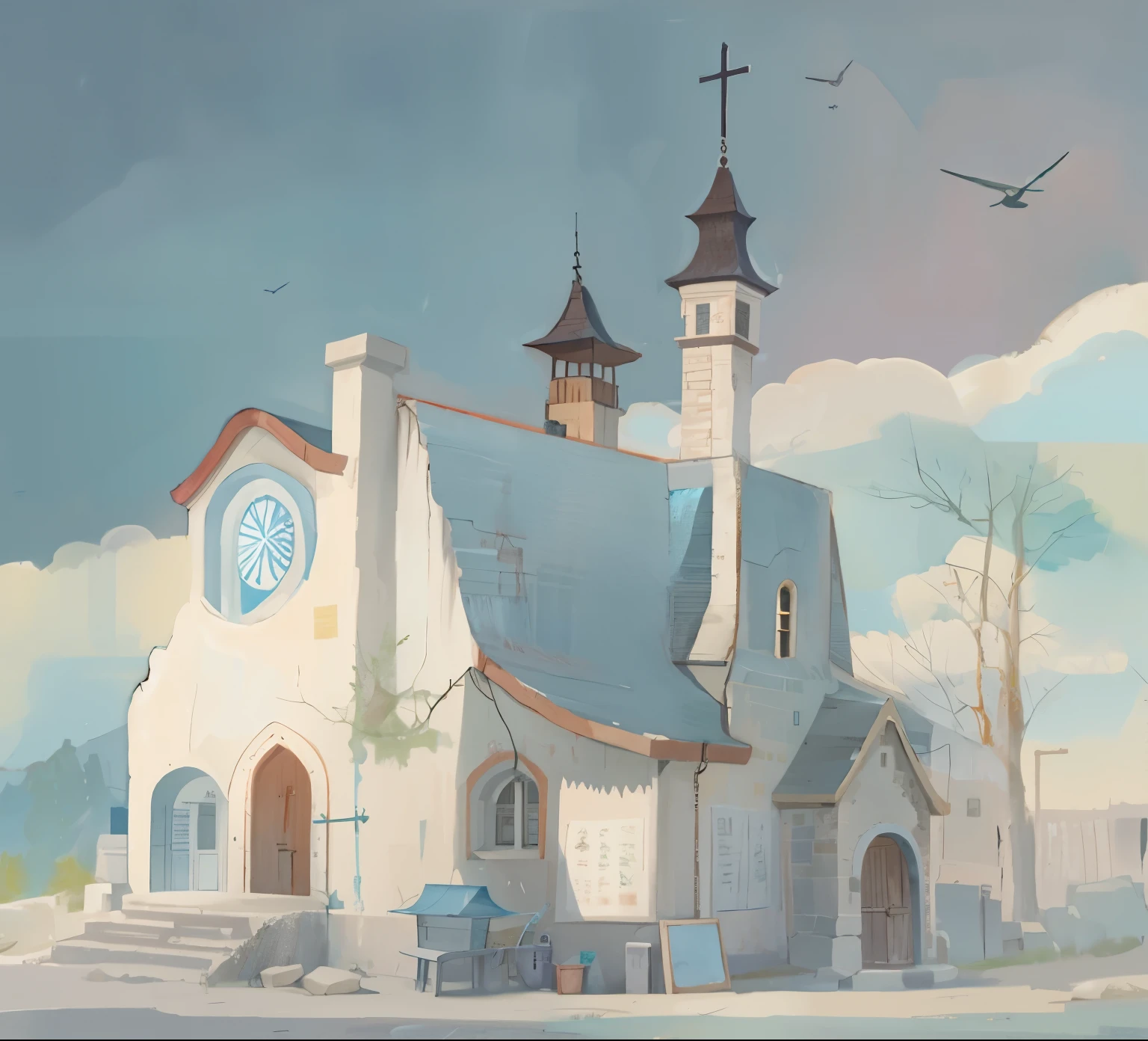 The End,church,Horizontal version,Cartoon,Simple picture,Exquisite picture,Hand Painted