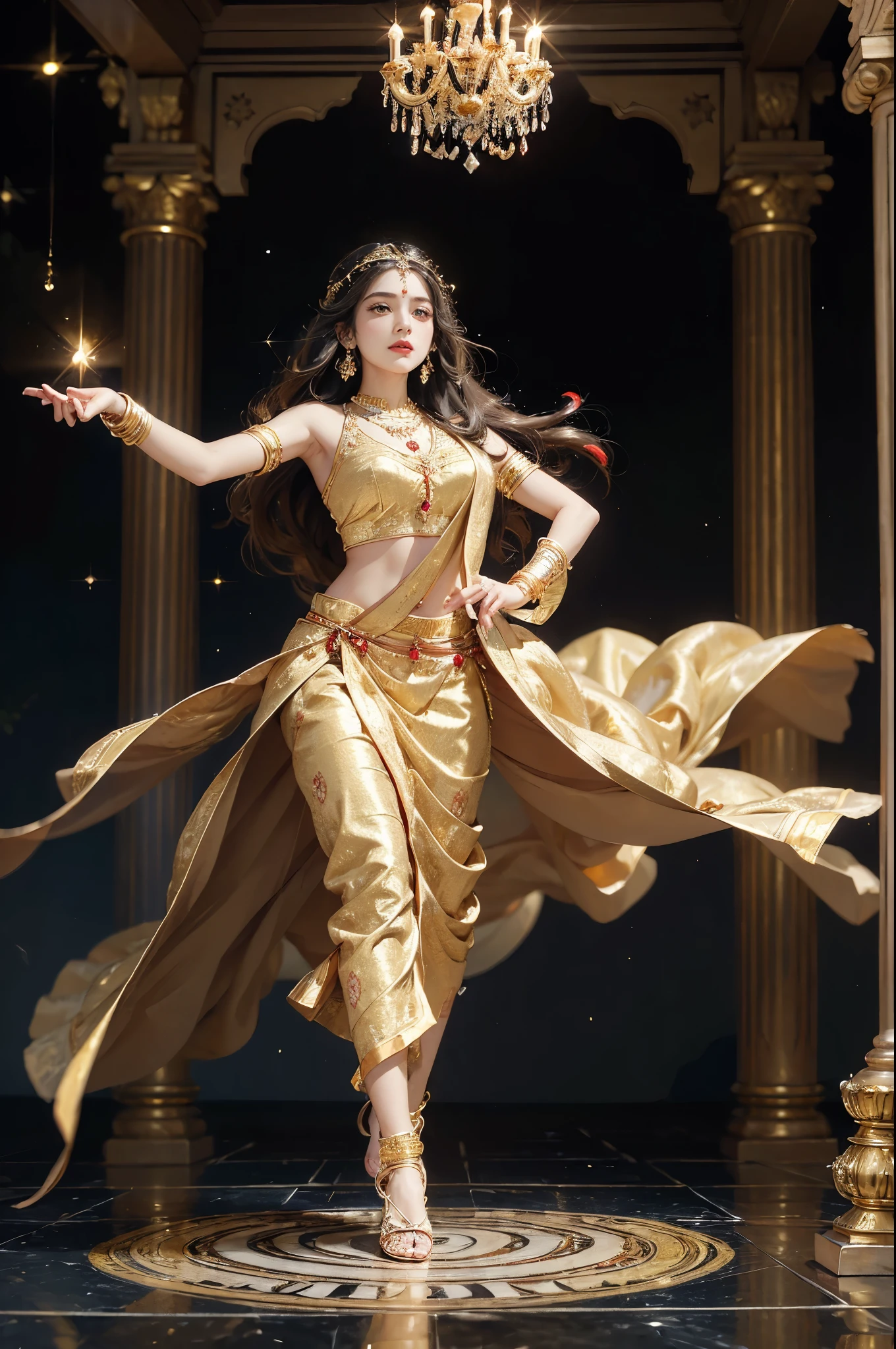 (((best quality))),(((ultra detailed))),(((masterpiece))),illustration,1girl, Indian dancer, night, palace, sumptuous,almond-shaped eyes, coffee bean skin, long hair, sari, red, gold, vibrant, passion, royalty, shimmer, candles, traditional attire, delicate movements, opulence, grandeur, arched ceilings, intricate patterns, paintings, Hindu deities, rich fabrics, crystal chandeliers, warm light, ethereal, grand throne, carvings, gemstones, regal presence, dance, fluidity, precise movements, love, loss, eternal cycle, hands, gemstone-encrusted bangles, stories, sandals, rhythmic beat, marble floor, echo, enchantment, ancient traditions, timeless elegance,((from front,upper body))