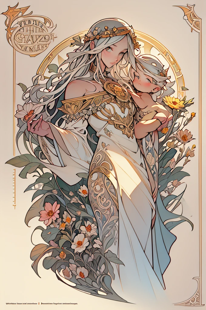 Depicts a beautiful woman with flowers in her hair、Highly detailed watercolor painting, The style of Alfons Maria Mucha and Gustav Kirmut, Art Nouveau accents, Fairy Princess, Anthropomorphic woman, Female figure, Detailed cover artwork, As the Flower Goddess, Alphonse Mucha, Gustav Klimt, Pale skin, Marble sculpture, society, Gothic art, Art Nouveau, Behance Contest Winner