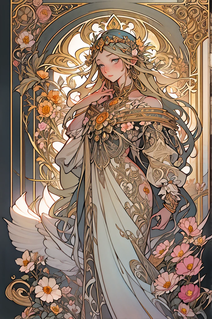 venus goddess，Raised sexy，Enchanted，full bodyesbian，Flower frame，Decorative panels， abstract artistic， Alphonse Mucha （tmasterpiece， best qualtiy， A high resolution： 1.4）， A detailed， Complicated details， 4K， Color splattering， Line art， Fibonacci， starrysky， natta， exteriors， Clouds， Reflectors， Eau， magick， （tarot cards），Cards， （（beautiful golden crystal star）） buliding， palaces， Patterned， Sumeru， Clouds， themoon