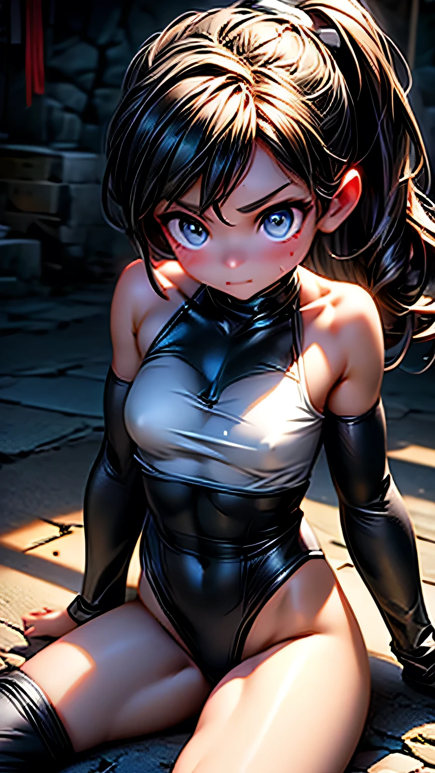 high quality, Real engine, Female Fighter, Fighting Pose､In the battle scene, Ready to fight, 4K, Invincible, The best warrior, Fighting Pose, Aggressive, sweating, Blood vessel, (Big Breasts), Toned Abs, White skin, Black ponytail, (((Black leotard))), Looking into the camera､masterpiece, 最high quality, high quality, High resolution､Realistic、(Cinema Lighting)、Detail emphasis, Beautiful lighting、Sharp focus. 超Detailed face、Detailed Iole Hair、Black Hair、Long Hair、Beautiful Hairstyles、Detailed face、Exposed breasts、Cleavage、(Big Breasts)、(Hard nipples)､Incredibly stupid, It seems ridiculous..,  (((Black leotard))), In a dark cave､Inside a realistic cave､((Sit with your legs apart))､