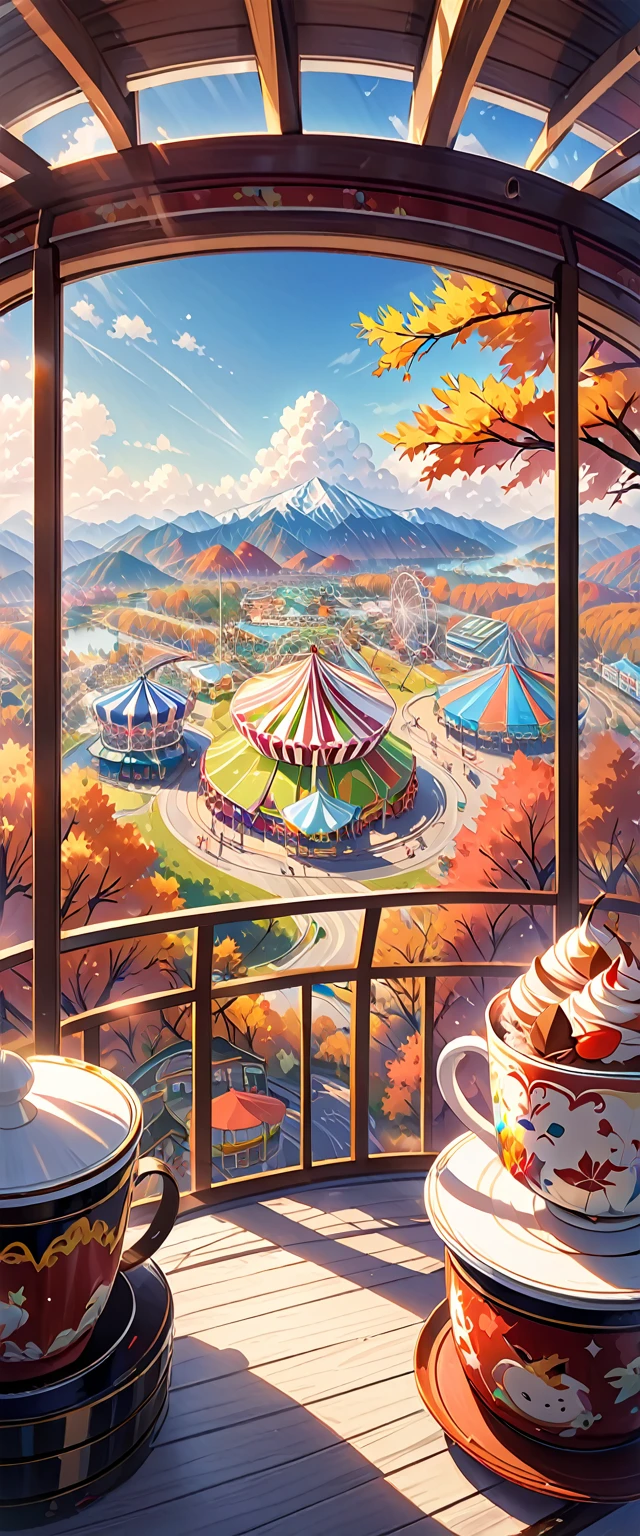 The scenery outside the window of the gondola at the top of the Ferris wheel, can see roller coasters, carousels, haunted teacups, and more, distant view, outside the amusement park is a residential area, mountains can be seen in the distance, amusement park,It is late autumn,