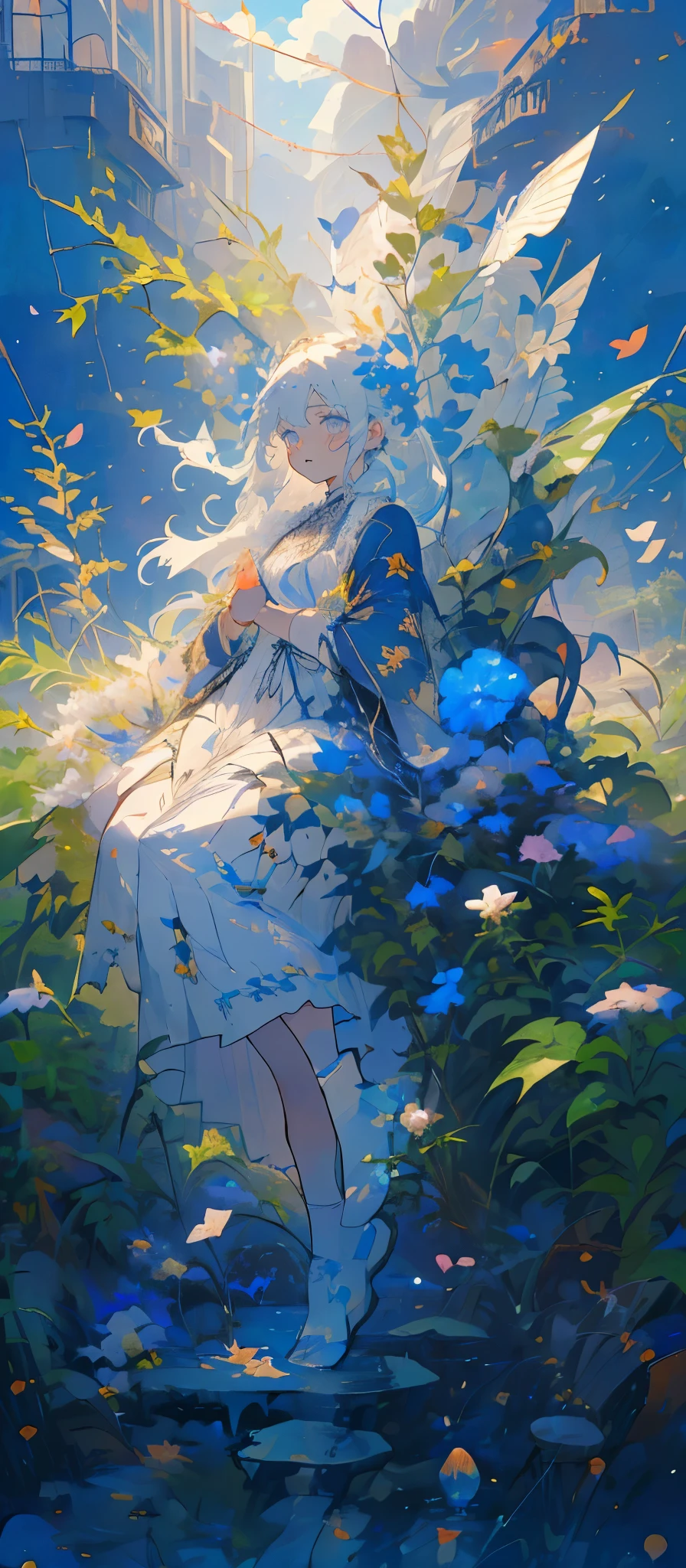 (Mastepiece), (Best Quality), Very detailed, 1 girl, (Full body solo shot:1.4), Perfect Face, beautiful girl, Very detailedな顔,(Long white hair:1.5),(Blue eyes:1.4),(Lots of butterflies々:1.2)、(Abandoned City、Plants、Flower Field:1.4)、(Lots of petals:1.3)、Fairy、mysterious、Fantasy、beautiful、beautiful
