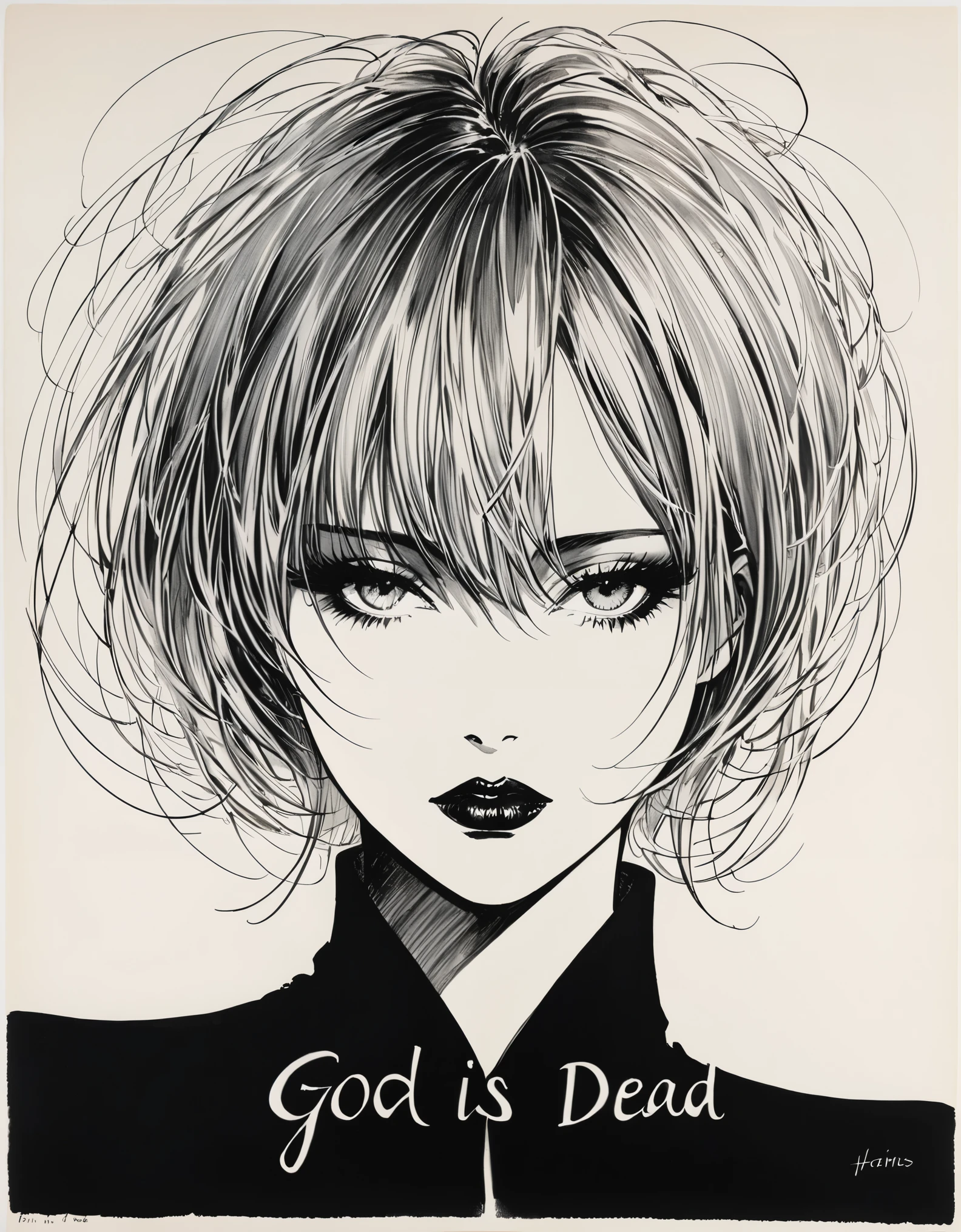 in style of Hans Hartung,in style of Henrietta Harris
1girl
{with the text:"GoD IS DEAD":1.8},captivating gaze,